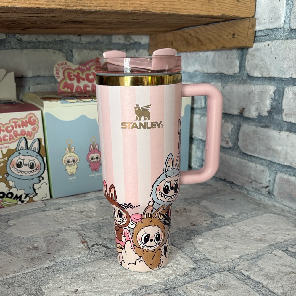 Stanley Pink Striped labubu 40oz quencher